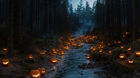 A serene forest scene features a winding stream surrounded by glowing jack-o'-lanterns under a dark, misty sky, creating a magical Halloween atmosphere.の素材