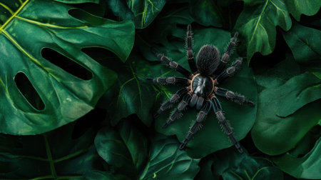A striking close-up of a black tarantula nestled among vibrant green leaves, showcasing nature's intricate details and the beauty of wildlife.の素材