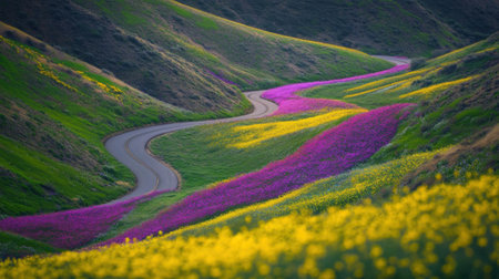 A winding road meanders through vibrant hills adorned with colorful wildflowers, showcasing a stunning spring landscape rich in natural beauty.の素材