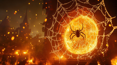 A mysterious spider web illuminated by a warm glow, set against a dark, fiery background. This captivating scene evokes a sense of fantasy and intrigue.の素材