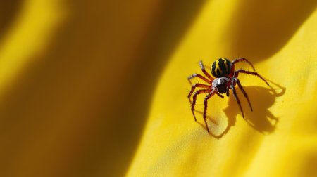 A striking image capturing a colorful spider on a vibrant yellow surface, showcasing intricate details and natural light, perfect for nature enthusiasts.の素材