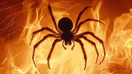 The powerful image of a spider silhouetted against a backdrop of blazing flames, creating an intense and dramatic atmosphere that evokes fear and intrigue.の素材