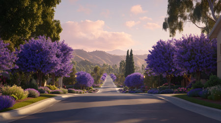 A tranquil neighborhood street adorned with vibrant purple flowering trees, leading to scenic mountains, embodying the beauty of nature and serenity.の素材