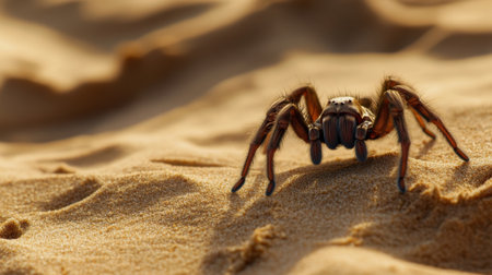 A striking close-up captures a spider moving across golden sand in a serene desert setting. The warm light accentuates the spider's features against the textured backdrop.の素材