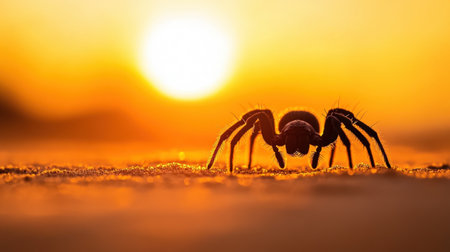 A captivating silhouette of a spider crawling on the sand at sunset, showcasing vibrant hues of orange and yellow, capturing the essence of nature's beauty.の素材