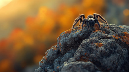 Enchanting close-up of a tarantula perched on a rocky surface, with warm autumn hues softly blurred in the background, highlighting nature's beauty.の素材
