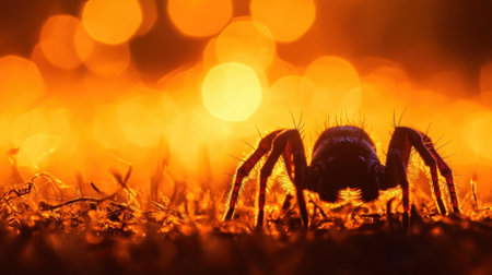 Captivating macro shot featuring a spider silhouetted against an orange sunset, adorned with a beautiful bokeh effect. Perfect for nature themes.の素材