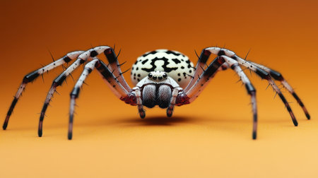 This image features a striking close-up of a spider exhibiting unique black and white patterns against a vibrant orange background, showcasing its intricate features.の素材