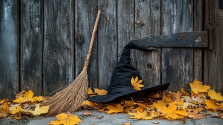 A captivating scene featuring a broom and a witch hat nestled among vibrant autumn leaves, set against a rustic wooden wall, perfect for seasonal themes.の素材