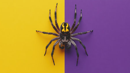 A stunning close-up of a colorful spider displayed against a striking yellow and purple background, perfect for nature and wildlife enthusiasts.の素材