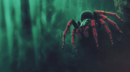 A captivating close-up image of a colorful spider showcasing intricate details against a mysterious green forest background, enveloped in subtle mist.の素材