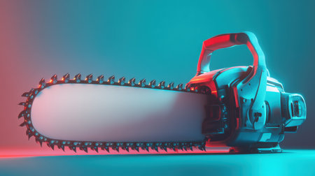A contemporary chainsaw displayed against a dynamic gradient background, highlighting its sleek design and powerful capabilities for cutting and maintenance tasks.の素材