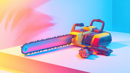 A striking electric chainsaw featuring a battery pack is showcased against a modern background. The vibrant colors and dynamic lighting enhance its innovative design, ideal for woodworking or DIY projects.の素材