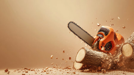 A dynamic image showcasing a powerful chainsaw cutting through a log, with woodchips flying in all directions, perfect for themes of craftsmanship and action.の素材