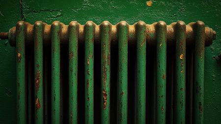 A close-up image of an old green radiator with rusty details, set against a weathered wall. This vintage piece adds industrial charm and nostalgia to any space.の素材