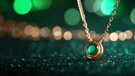 This stunning image features an elegant gold necklace adorned with a vibrant green gemstone, set against a sparkling, illuminated background, ideal for showcasing luxury jewelry.の素材