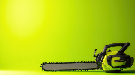 A contemporary electric chainsaw positioned against a bright green background, perfect for highlighting outdoor gardening and landscaping equipment.の素材