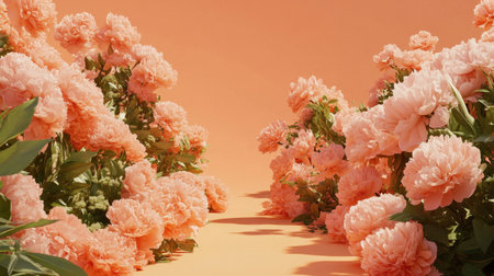A stunning arrangement of lush peony flowers creates a serene pathway against a soft peach backdrop, evoking tranquility and natural beauty.の素材