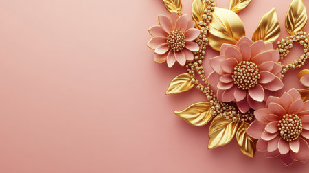 This stunning image showcases an elegant arrangement of pink flowers and golden leaves, perfect for decoration themes, artistic purposes, or design inspirations.の素材
