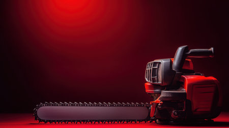 A high-quality image of a chainsaw presented on a striking red background, showcasing its design and features, ideal for use in equipment-related content.の素材