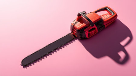 A bright red electric chainsaw rests against a smooth pink background. This image emphasizes the sleek design, utility, and versatility of power tools for various home improvement and gardening tasks.の素材