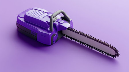 This striking purple electric chainsaw stands out against a smooth purple background, perfect for showcasing modern gardening tools and DIY projects.の素材