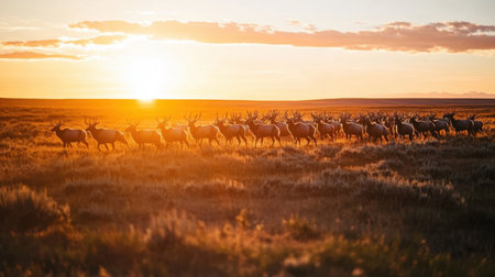 A stunning scene capturing a herd of elk moving gracefully through a golden grassland during sunset. The warm light creates a serene atmosphere.の素材
