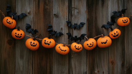 A charming display of Halloween decorations featuring carved pumpkins and playful bats against a rustic wooden backdrop, perfect for autumn festivities.の素材