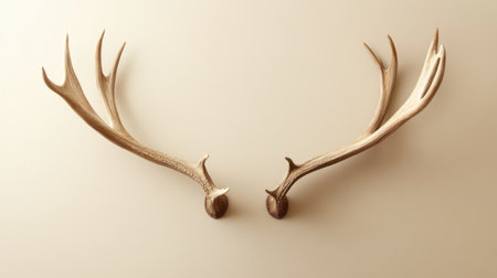 Elegant set of natural antlers mounted on a smooth beige background. Perfect for home decor, showcasing wildlife beauty, and enhancing rustic aesthetics.の素材