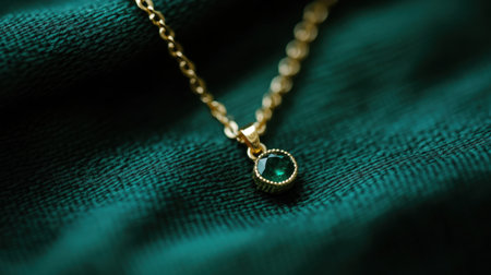 A stunning close-up of an elegant gold necklace featuring a green gemstone pendant, beautifully displayed against a lush green fabric background.の素材