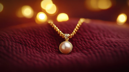 This image captures an elegant gold necklace featuring a lustrous pearl pendant, set against a soft red background illuminated by warm blurred lights, exuding luxury and charm.の素材
