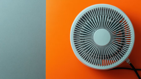A modern electric fan showcases a sleek design against a vibrant orange and gray backdrop, perfect for home comfort and stylish interiors.の素材