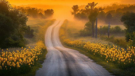 A picturesque rural road is framed by vibrant wildflowers and enveloped in a gentle morning mist, creating a tranquil scene at sunrise.の素材