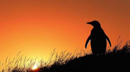 A stunning silhouette of a penguin stands against a vibrant sunset sky. The warm colors of evening blend seamlessly with the serene landscape, creating a peaceful scene. Perfect for nature lovers and wildlife enthusiasts.の素材