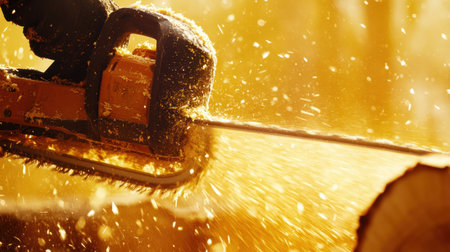 A dramatic close-up of a chainsaw in action, capturing the moment of cutting wood as sawdust flies through the warm golden light, emphasizing work and energy.の素材