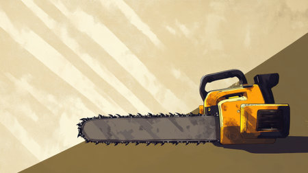 This artwork features a vintage chainsaw illustrated with bold colors and soft lighting, showcasing the tool's details against an abstract background, perfect for creative projects.の素材