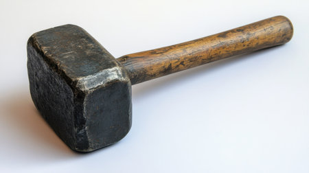 This image showcases a heavy blacksmith hammer with a wooden handle, ideal for crafting, construction, and repair work. The design emphasizes durability and strength.の素材