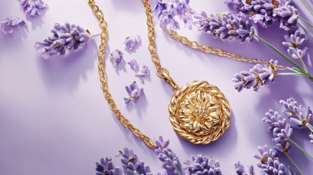 This stunning image captures an elegant gold pendant necklace delicately placed among fresh lavender flowers, creating a tranquil and charming atmosphere.の素材