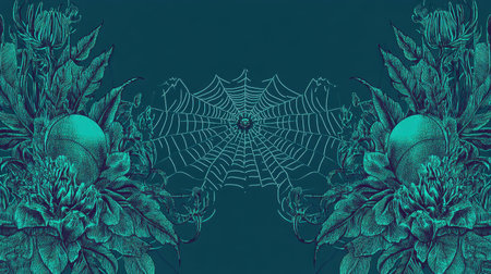 This stunning illustration features a delicate spider web framed by vibrant floral elements on a striking teal background, perfect for stylish decor.の素材
