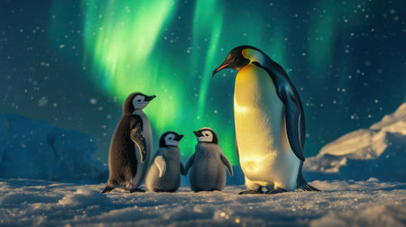A heartwarming scene of a family of emperor penguins with their fluffy chicks, beautifully illuminated by vibrant northern lights in a snowy landscape.の素材