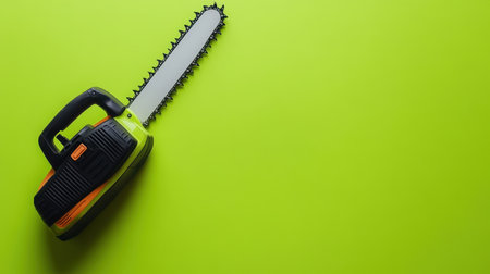 A modern electric chainsaw placed on a vibrant green background, perfect for showcasing gardening tools and landscape maintenance equipment.の素材