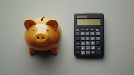 A vibrant yellow piggy bank sits next to a sleek black calculator, symbolizing budgeting and savings strategies on a subtle gray background, ideal for finance-related content.の素材