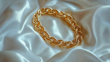 A stunning gold chain bracelet delicately placed on a smooth satin fabric surface, showcasing its elegant design and luxurious appeal. Perfect for fashion lovers.の素材