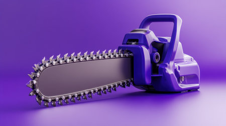 A modern electric chainsaw showcased against a vibrant purple background. Ideal for home renovation, tree cutting, and outdoor landscape projects, this power tool emphasizes innovation and performance.の素材