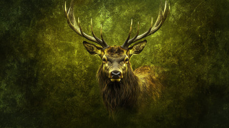 This stunning portrait of a majestic stag showcases its impressive antlers against a vibrant green background, reflecting the beauty of wildlife in nature.の素材