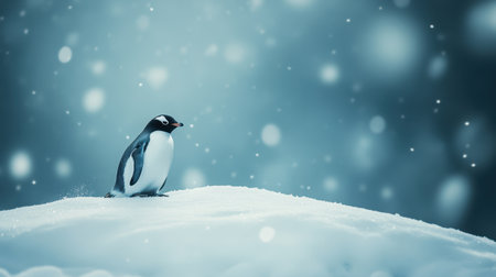 A charming penguin stands alone on a pristine snow surface, surrounded by falling snowflakes in a tranquil winter setting, showcasing nature's beauty.の素材