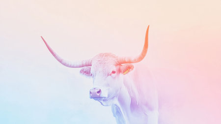 A majestic white bull with curved horns stands against a soft gradient background, embodying tranquility and beauty in a serene agricultural setting.の素材