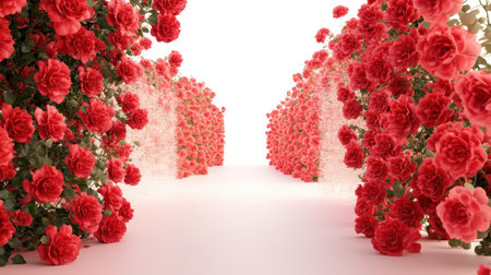 A picturesque pathway lined with vibrant red roses against a soft white background, creating a tranquil and inviting atmosphere perfect for floral-themed designs.の素材