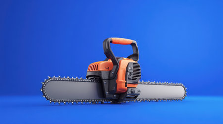 A powerful orange chainsaw with a sharp metal blade sits prominently against a vibrant blue background, ideal for showcasing tools for landscaping and woodworking projects.の素材