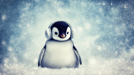 This charming penguin wearing cozy headphones stands amidst a snowy landscape, surrounded by gently falling snowflakes, capturing the essence of winter joy.の素材